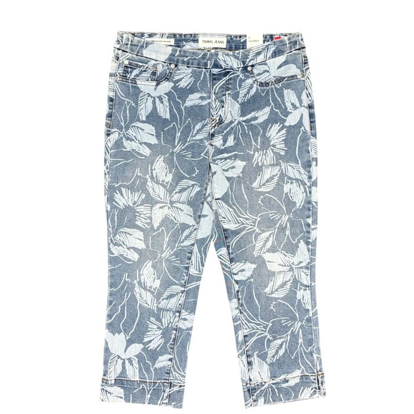 Tribal Jeans Pants - Tribal Jeans Audrey Mid-Rise Slim Capri Blue Floral Print Denim Pants 6 NEW